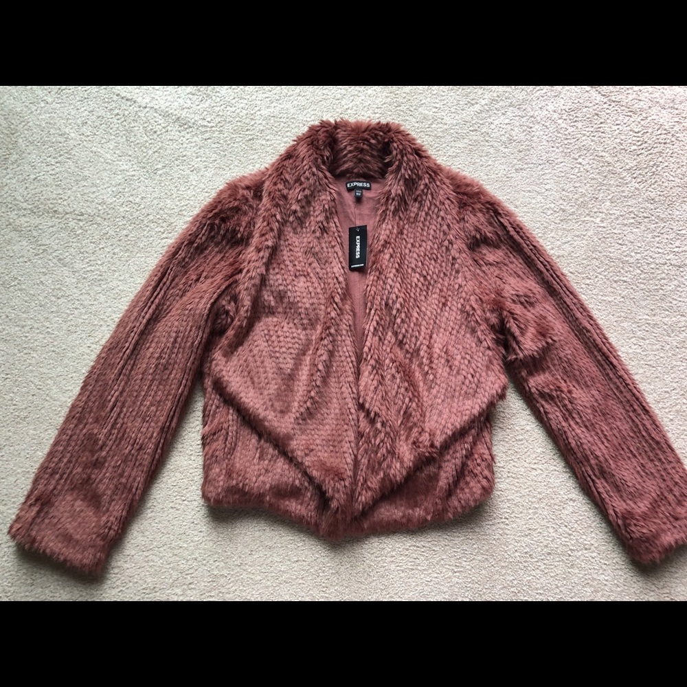 Express Dark Mauve Purple Taupe Tiered Collared Faux Fur Jacket Coat Outerwear
